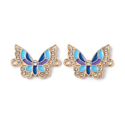 Blue Alloy Enamel Connector Charms, Butterfly Links with Crystal Rhinestone, Light Gold, Cadmium Free & Nickel Free & Lead Free, Blue, 16x22x2mm, Hole: 1.6mm