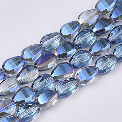 Dodger Blue Translucent Electroplate Glass Beads Strands, Half Plated, Faceted, Teardrop, Dodger Blue, 8.5x6x3.5mm, Hole: 1mm, about 80pcs/Strand, 26.38 inch(67cm)