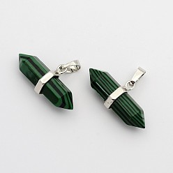Malachite Synthetic Malachite Double Terminated Pointed Pendants, with Platinum Plated Brass Findings, Bullet, 15.5x30~35x8~9mm, Hole: 5x7.5mm
