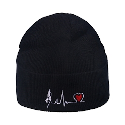 Cœur Bonnet à revers en fil de fibre de polyacrylonitrile, bonnet d'hiver en tricot pour femme, noir, motif sur le thème de la saint-valentin, 300x185x18mm
