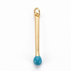 Sky Blue Brass Enamel Pendants, with Jump Ring, Cadmium Free & Nickel Free & Lead Free, Match, Real 16K Gold Plated, Sky Blue, 30x4.5mm, Jump Ring: 5x1mm, 3mm inner diameter