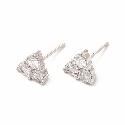 Platinum Brass Micro Pave Cubic Zirconia Stud Earrings for Women, Lead Free & Cadmium Free, Triangle, Platinum, 7.5x8mm, Pin: 0.8mm