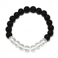 Quartz Crystal Natural Quartz Crystal Beads Stretch Bracelets, with Synthetic Lava Rock Beads and Alloy Beads, Round, Inner Diameter: 2-1/8 inch(5.5cm), Beads: 8.5mm