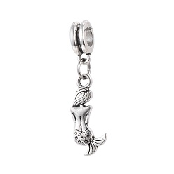 Antique Silver Alloy European Dangle Charms, Large Hole Beads, Mermaid Shape, Antique Silver, 33mm, Pendant: 20x9x2.5mm, Hole: 5mm