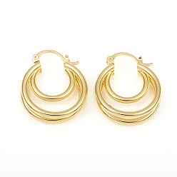 Real 18K Gold Plated Brass Triple Hoop Earrings, Split Earrings, Long-Lasting Plated, Ring, Real 18K Gold Plated, 24x20.5x7.5mm, Pin: 0.7mm