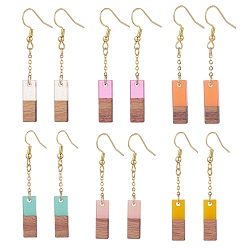 Mixed Color 6 Pair 6 Color Resin & Walnut Wood Rectangle Dangle Earrings, Golden 304 Stainless Steel Jewelry for Women, Mixed Color, 52~53mm, Pin: 0.6mm, 1 Pair/color