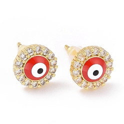 Roja Aretes de esmalte mal de ojo con circonita cúbica transparente, joyas de latón chapado en oro para mujer., sin plomo y cadmio, rojo, 9 mm, pin: 0.8 mm