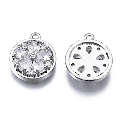 Platinum Brass Micro Pave Clear Cubic Zirconia Charms, Flat Round with Flower, Platinum, 13x11.5x3mm, Hole: 1.2mm