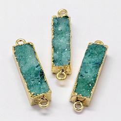 Dark Cyan Electroplated Natural & Dyed Druzy Agate Links connectors, with Golden Plated Brass Findings, Rectangle, Dark Cyan, 32~40x8x6~7mm, Hole: 2mm