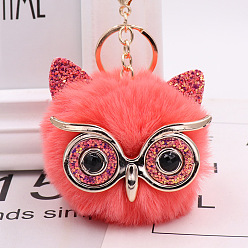 Orange Red Pom Pom Ball Keychain, with KC Gold Tone Plated Alloy Lobster Claw Clasps, Iron Key Ring and Chain, Owl, Orange Red, 12cm