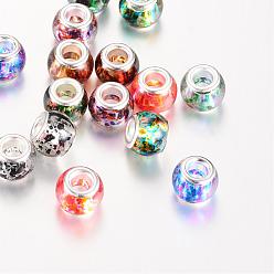 Couleur Mélangete Perles européennes en verre, Perles avec un grand trou   , avec des noyaux de laiton de ton argent, rondelle, couleur mixte, 11.5~12x9~10mm, Trou: 5mm