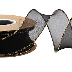 Черный Полиэстер органза лента, для упаковки подарков, изготовление галстука-бабочки, плоский, чёрные, 1-5/8 дюйм (40 мм), около 9.84 ярдов (9 м) / рулон