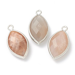Sunstone Natural Sunstone Pendants, with Platinum Brass Edge, Faceted, Horse Eye, 22x12x5.5mm, Hole: 1.8mm