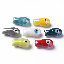 Mixed Color Handmade Porcelain Beads, Famille Rose Style, Fish, Mixed Color, 19.5x10x8mm, Hole: 2mm