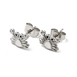 White Enamel Crab Stud Earrings with 316 Surgical Stainless Steel Pins, Stainless Steel Color Plated 304 Stainless Steel Jewelry for Women, White, 7x9mm, Pin: 0.8mm