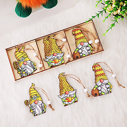 Yellow Gnome Wooden Pendant Decorations, with Wood Beads, Bee Festival Door Wall Hanging Ornaments, Yellow, 238x83.9x14mm, 3pcs/box