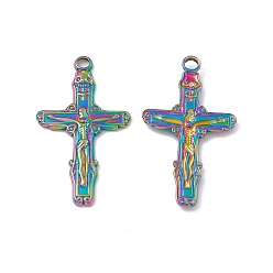 Rainbow Color Ion Plating(IP) 304 Stainless Steel Pendants, Crucifix Cross Charm, Rainbow Color, 37x20x2mm, Hole: 2.8mm