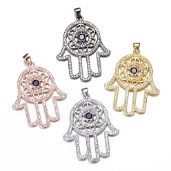 Mixed Color Brass Micro Pave Cubic Zirconia Pendants, Hamsa Hand/Hand of Fatima/Hand of Miriam with Flower, Lead Free & Nickel Free, Mixed Color, 36x28x3mm, Hole: 5x3.5mm