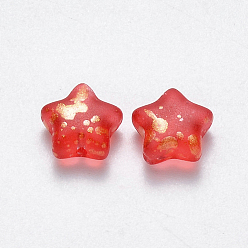 Rouge Perles de verre imprimées , givré, étoiles, rouge, 8x8.5x4mm, Trou: 1mm