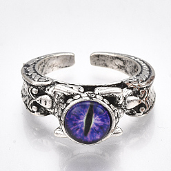 Blue Violet Alloy Cuff Finger Rings, with Glass, Wide Band Rings, Dragon Eye, Antique Silver, Blue Violet, US Size 8 1/2(18.5mm)