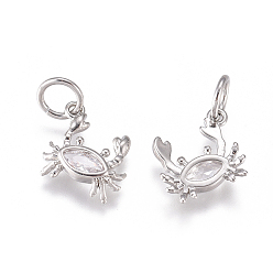 Platinum Brass Charms, with Micro Pave Cubic Zirconia and Jump Rings, Crab, Clear, Platinum, 9x9x2mm, Hole: 3.5mm