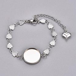 Stainless Steel Color 304 Stainless Steel Bracelet Making, with Lobster Claw Clasps, Heart Link Chains and Flat Round Cabochon Settings, Stainless Steel Color, Tray: 16mm, 6-1/4 inch(16cm)