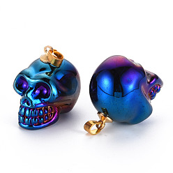 Medium Blue Electroplate K9 Glass Pendants, with Golden Plated Brass Bails, Skull, Halloween, Medium Blue, 25x26~27x19mm, Hole: 5x3mm