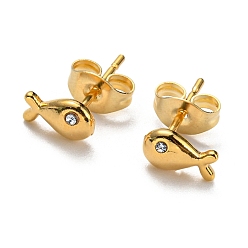 Golden Vacuum Plating 304 Stainless Steel Fish Stud Earrings with Rhinestone for Women, Golden, 4.5x7mm