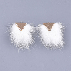 Blanc Décorations pendantes de pompon en fausse fourrure de vison, avec les accessoires en laiton, or et de lumière, blanc, 40~42x20~30x5.5~7mm, Trou: 2mm