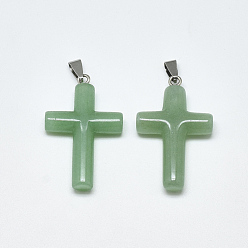 Green Aventurine Natural Green Aventurine Pendants, with Stainless Steel Snap On Bails, Cross, Stainless Steel Color, 44~46x28x8mm, Hole: 3~4x7~8.5mm