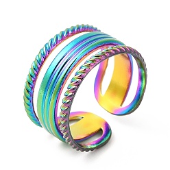 Rainbow Color Ion Plating(IP) 304 Stainless Steel Cuff Ring, Hollow Wide Band Finger Ring for Men Women, Rainbow Color, 11mm, Inner Diameter: 17mm
