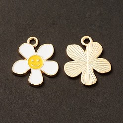 Blanc Pendentifs en émail , fleur avec breloque visage souriant, sans cadmium et sans nickel et sans plomb, or, blanc, 21.2~21.3x18x1.4~1.5mm, Trou: 2~2.2mm