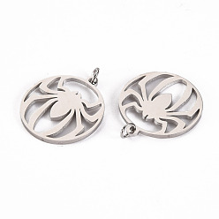 Stainless Steel Color 304 Stainless Steel Pendants, with Jump Rings, Laser Cut, Ring with Spider, Stainless Steel Color, 15.5x14x1mm, Jump Ring: 2.8x0.5mm, 1.8mm inner diameter