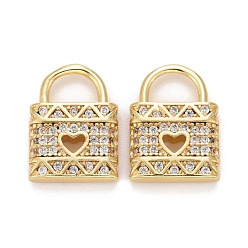 Golden Brass Micro Pave Clear Cubic Zirconia Charms, Lock, Golden, 13.5x10x2.8mm, Hole: 4x5.5mm