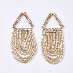 Wheat Tassel Big Pendants, with Glass Beads and Golden Plated Brass Findings, Triangle, Wheat, 62~70x27~28mm, Hole: 20x17.5mm