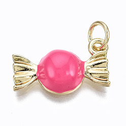 Hot Pink Brass Enamel Charms, with Jump Rings, Cadmium Free & Nickel Free & Lead Free, Real 16K Gold Plated, Candy Shape, Hot Pink, 9.5x16x4mm, Jump Ring: 4.8x0.6mm, 3.6mm inner diameter