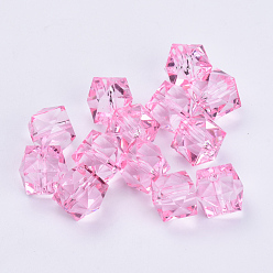 Pink Transparent Acrylic Beads, Faceted, Cube, Pink, 20x20x18mm, Hole: 2.5mm, about 120pcs/500g