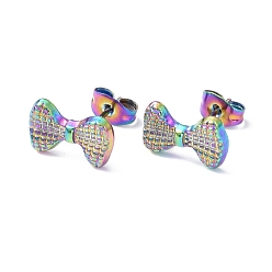 Rainbow Color Placage ionique (ip) 304 Boucles d'oreilles à nœud papillon rainuré en acier inoxydable pour femmes, couleur arc en ciel, 12.8x8mm, pin: 0.8 mm