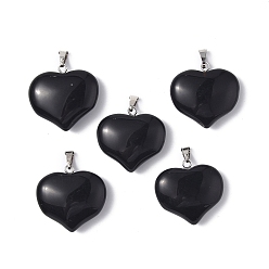 Obsidian Natural Obsidian Pendants, Heart Charms, with Platinum Tone Brass Findings, 23.5x25x8.5mm, Hole: 5x3.5mm