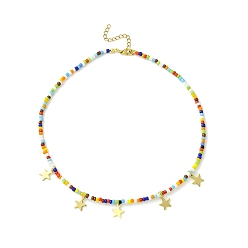 Colorful 304 Stainless Steel Star Charms Bib Necklace with Glass Seed Beaded Chains, Mixed Color, 15.63 inch(39.7cm)