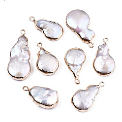 Golden Electroplate Natural Baroque Pearl Keshi Pearl Pendants, Cultured Freshwater Pearl, with Iron Findings, Flat Round, Golden, 20~35x10~16x4~8mmmm, Hole: 1.8mm