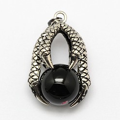 Black Agate Vintage Natural Bezel Black Agate Pendants, with Antique Silver Plated Alloy Findings, Animal Claw with Round Beads, 37x25x16mm, Hole: 5x3mm