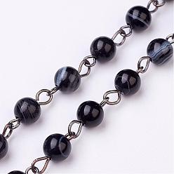Black Handmade Dyed Natural Striped Agate/Banded Agate Beaded Chains, Unwelded, for Necklaces Bracelets Making, with Brass Eye Pin, Gunmetal, Black, 39.37 inch(1000mm)