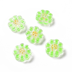 Verde Claro Perlas de vidrio transparentes, con esmalte, flor, verde claro, 13.5x13.5x7 mm, agujero: 1 mm