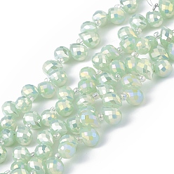 Vert Clair Perles en verre jade d'imitation, facette, larme percée en haut, de couleur plaquée ab , vert clair, 10x7.5~8mm, Trou: 0.8~1mm, Environ 95~100 pcs/chapelet, 23.23~26.77 (59~68 cm)