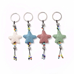 Couleur Mélangete Porte-clés perles de pierre de lave naturelle étoile, avec bague en fer et les accessoires en alliage, couleur mixte, 145mm
