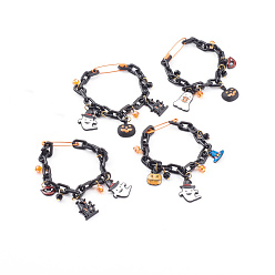 Mixed Color Halloween Theme Alloy Enamel Charm Bracelets, with Iron Safety Pins, Glass Beads and ABS Plastic Cable Chains, Mixed Shapes, Mixed Color, 7-1/2 inch(19cm)