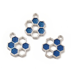Steel Blue Alloy Enamel Pendants, Honeycomb Charm, Platinum, Steel Blue, 19x15x1.5mm, Hole: 2mm