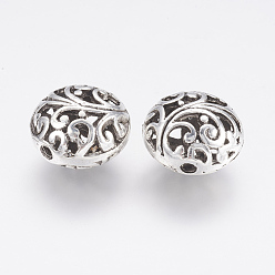 Antique Silver Tibetan Style Alloy Beads, Hollow, Flat Round, Antique Silver, 17x12mm, Hole: 2mm