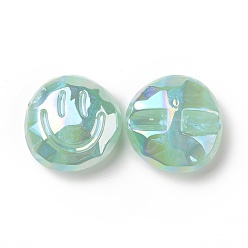 Aigue-marine Perles acryliques placage irisé arc-en-ciel, perles de paillettes, plat rond avec motif de visage souriant, aigue-marine, 32x32x14.5mm, Trou: 3.5mm